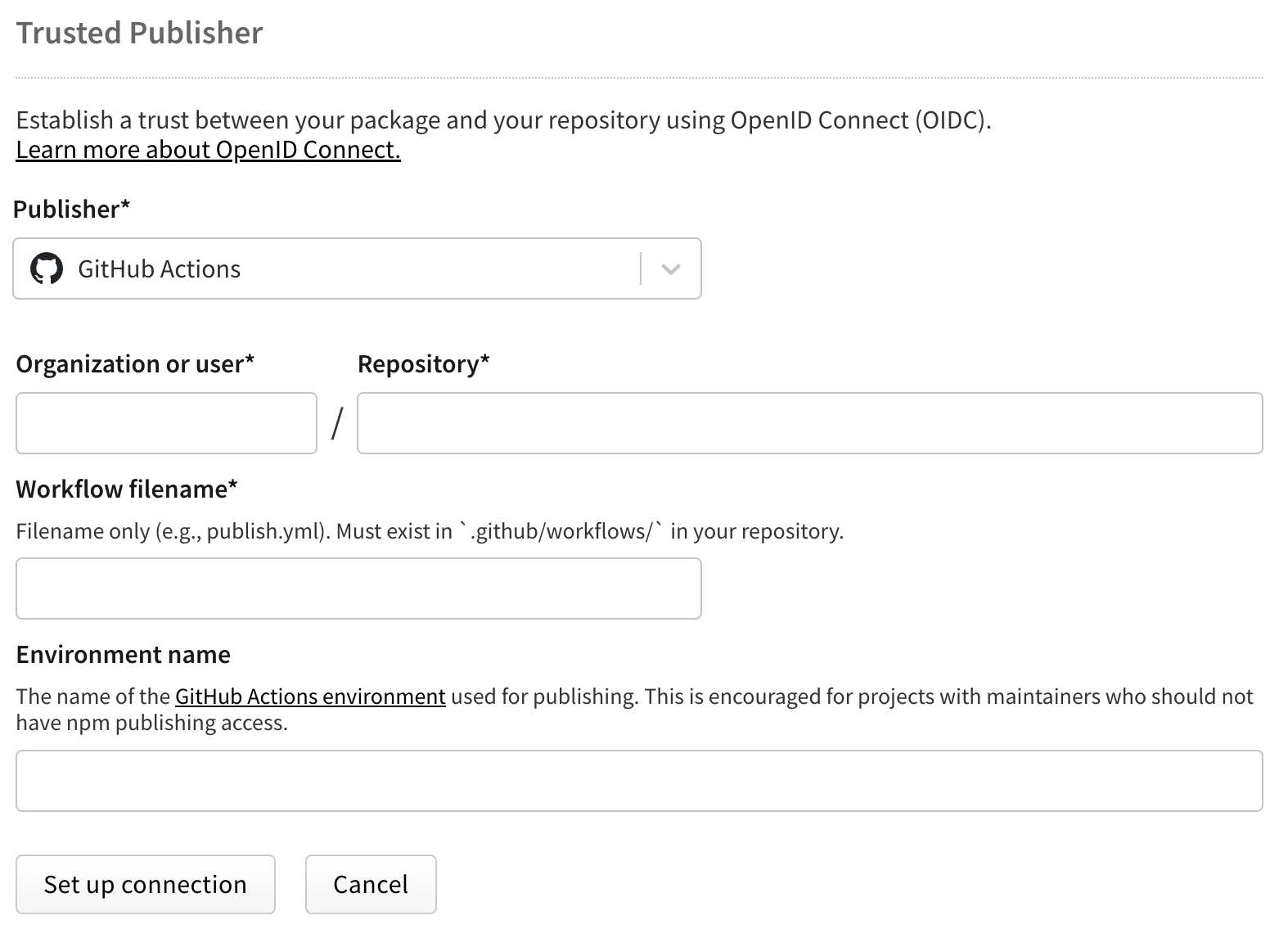Screenshot of GitHub Actions trusted publisher configuration form